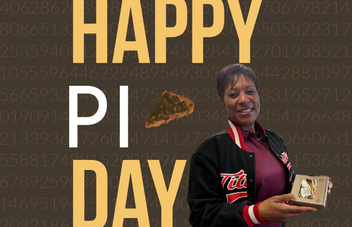  Happy Pi Day background with Ms. Samuel holding a pie